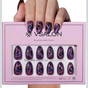 VSALON Press On Nails - Short Almond - Purple Cat Eye Sparkle for Spring
